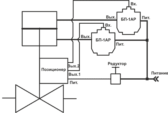 Схема включения бустера БП-1АР (исполнительный механизм - пневмоцилиндр двойного действия)